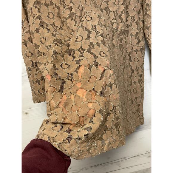 Vintage Old Navy Top Womens‎ XL Brown Lace 3/4 Sleeve V Neck See Through Sheer - Picture 4 of 10